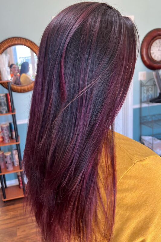 Woman with brown hair and striking purple highlights.