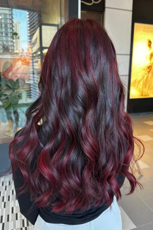 Woman with burgundy highlights on dark brown hair.