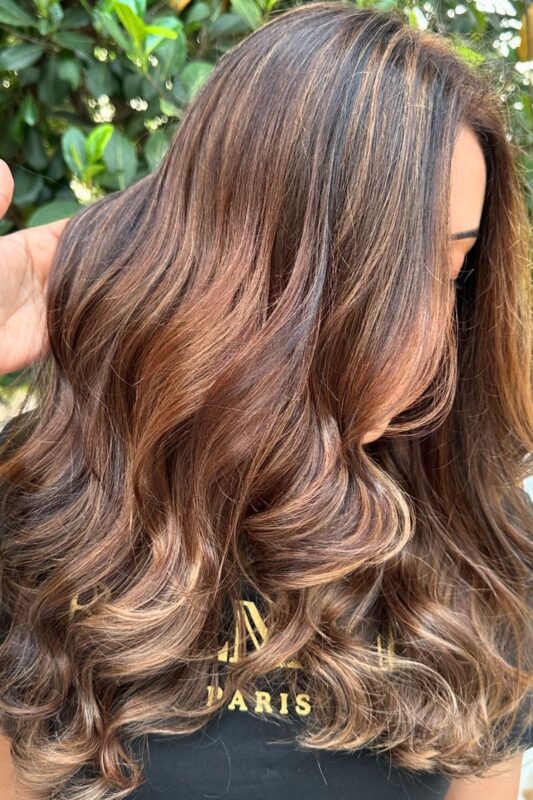 Woman with chestnut brown hair highlighted with honey and auburn tones.