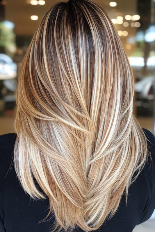 Woman with chocolate brown hair and blonde highlights.