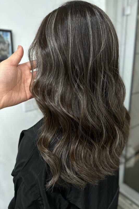 Woman with dark brown hair and ash blonde highlights.