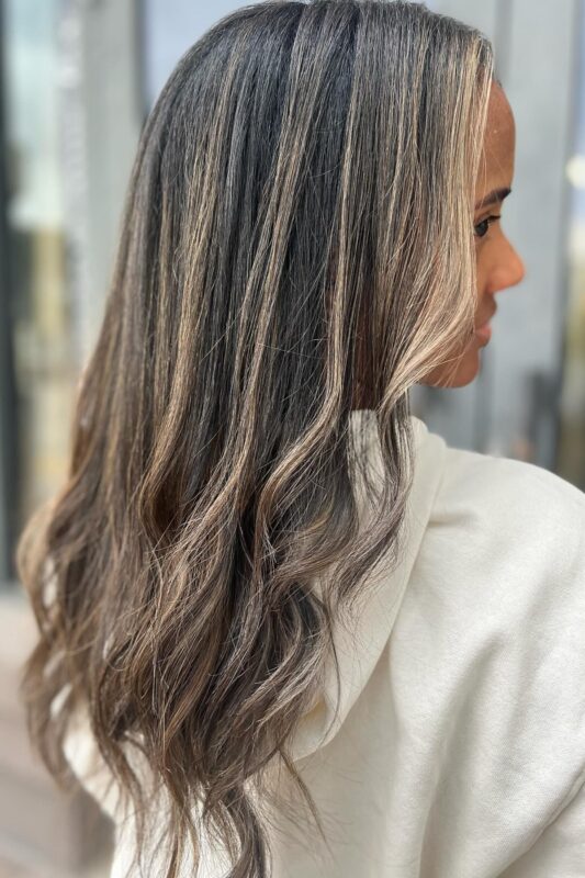 Woman with dark brown hair and ashy highlights.