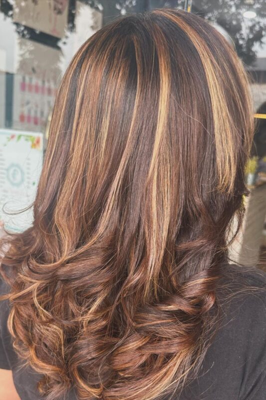 Woman with dark brown hair and caramel highlights.