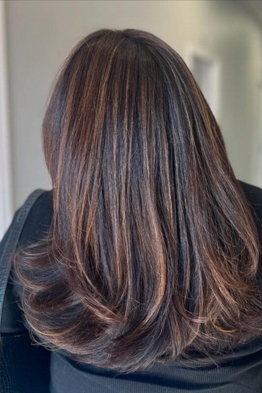 Woman with dark brown hair and caramel highlights.