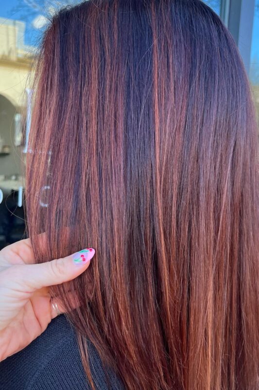 Woman with dark brown hair and copper highlights.