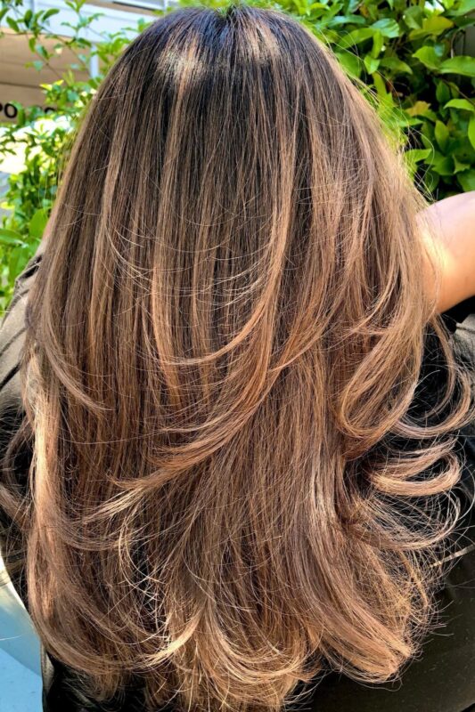 Woman with dark brown hair and light brown highlights.