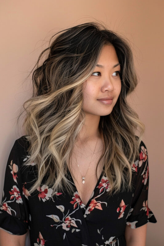 Woman with black hair and honey blonde highlights.