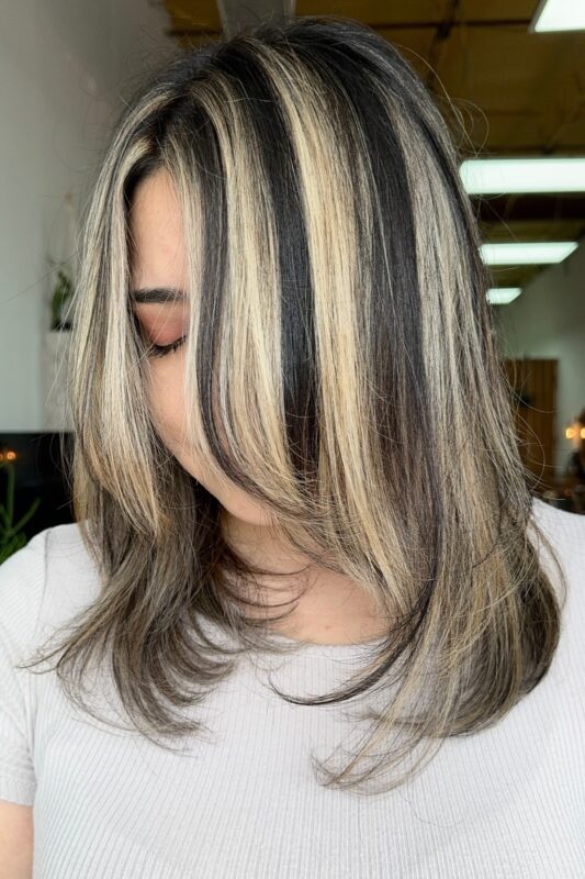 Woman with black hair and honey blonde highlights.