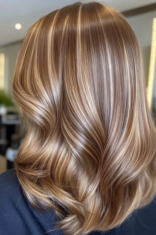 Woman with light brown hair with blonde highlights.