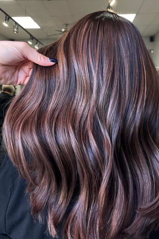 Woman with light brown highlights on dark brown hair.