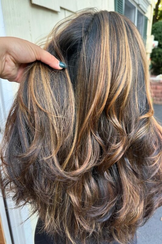 Woman with light caramel highlights on dark brown hair.