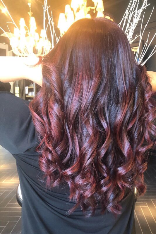 Woman with mahogany highlights on dark brown hair.