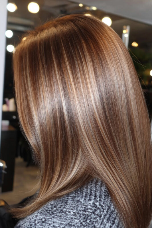 Woman with golden medium brown hair with blonde highlights.