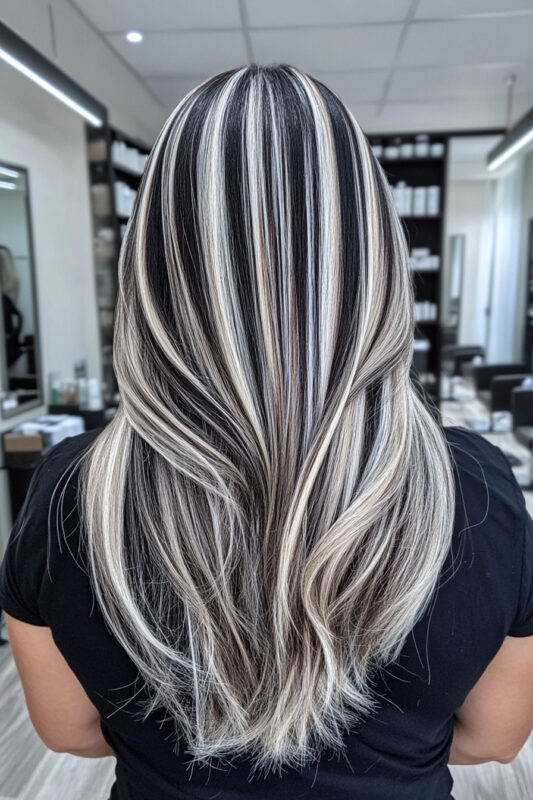 Woman with thick icy platinum highlights on black hair.