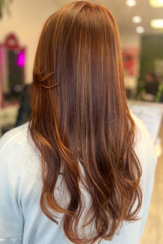 Woman with reddish brown hair and subtle blonde highlights.