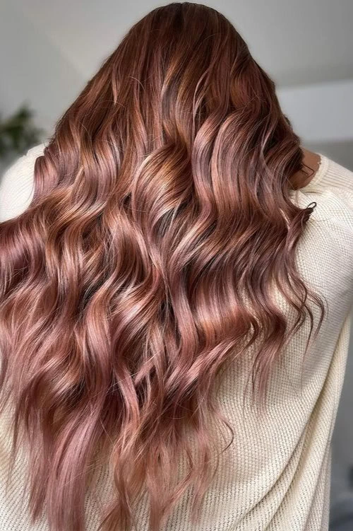 Woman with rose gold brown hair and pink highlights.