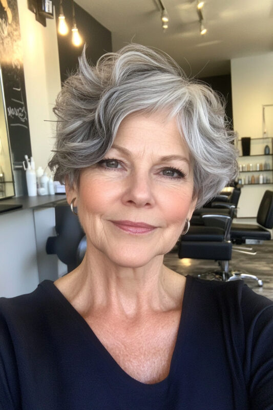 Older woman with a short tousled wavy bob haircut.