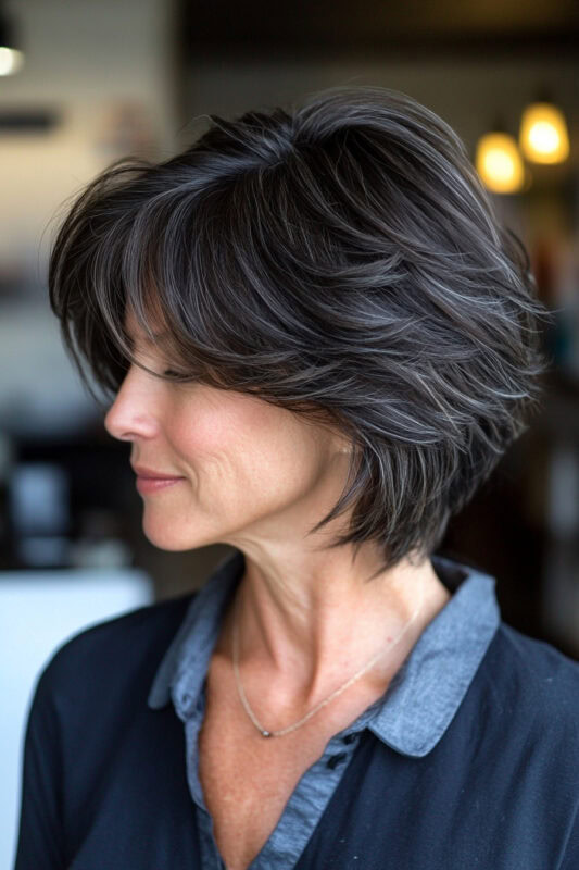 Older woman with a textured shaggy bob haircut.