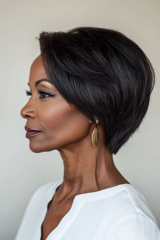 Woman over 60 with a stacked bob haircut.