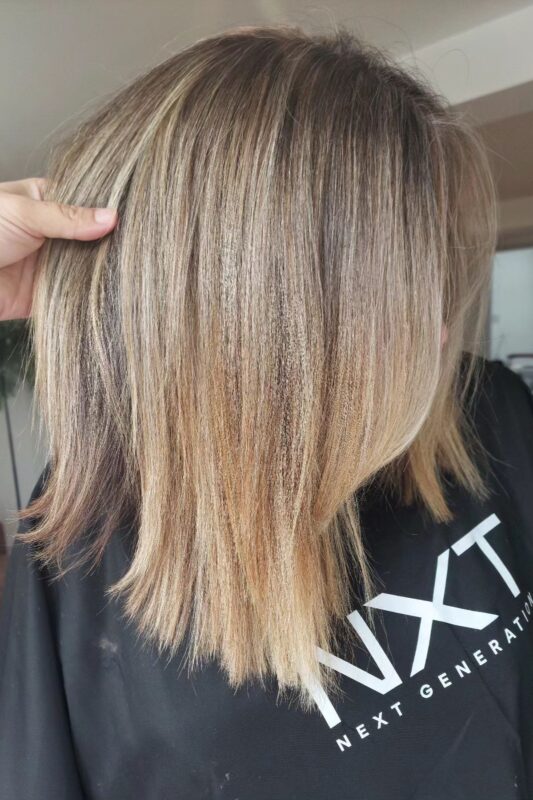 Golden blonde highlights blending grays with warmth for brunettes.