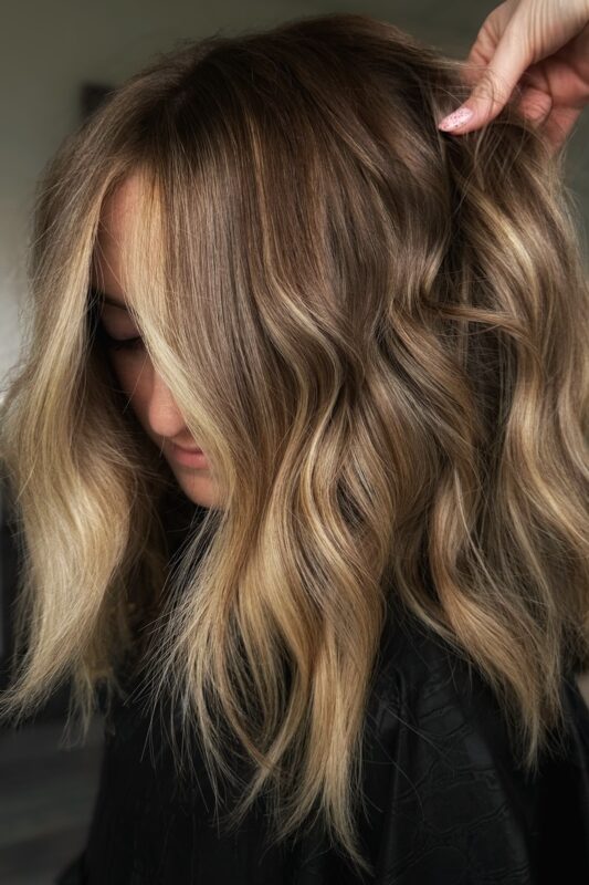 Woman with honey blonde balayage.