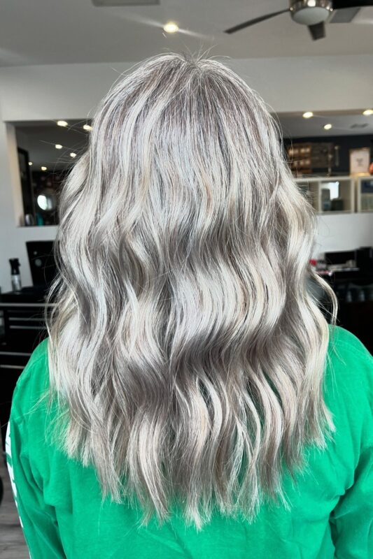 Silver-grey balayage blending beautifully for blondes.