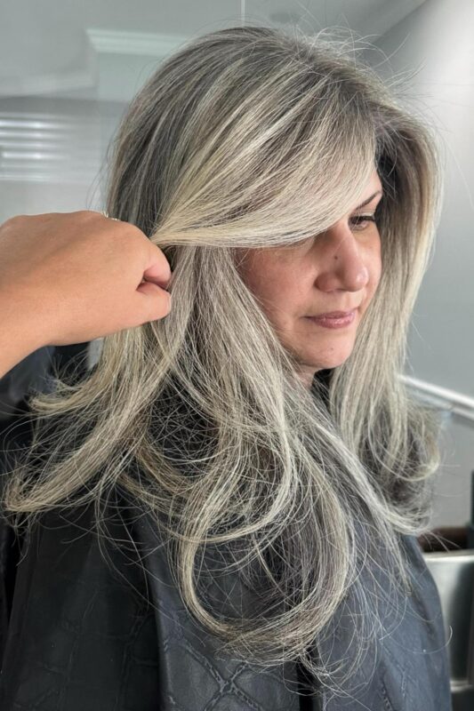 White blonde highlights to hide grey for a bright, clean finish.