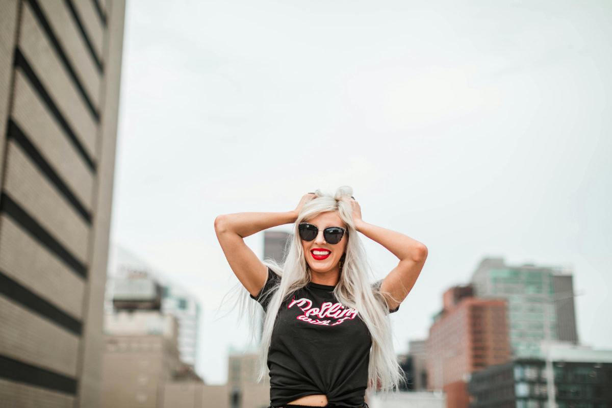 Woman with an icy, cool blonde hair color.