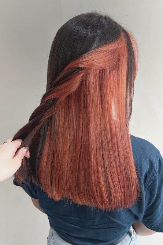 Woman with copper peekaboo hair.