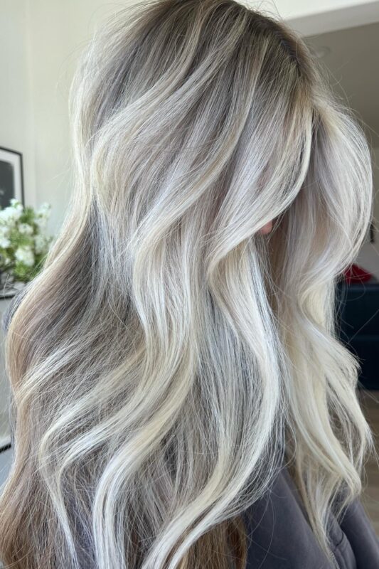 Woman with platinum balayage.