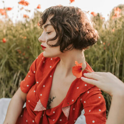 Woman with a classic French bob haircut.